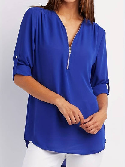 Belezza – casual, ruffled blouse with roll-up sleeves and half zip