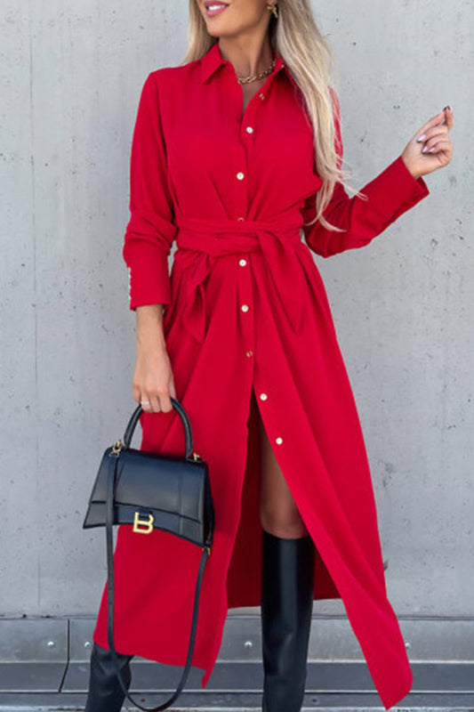 Belezza - long sleeve dress with belt and turn down collar