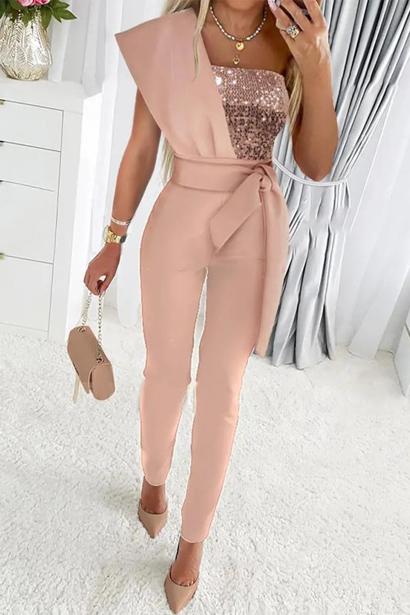 Belezza - elegant sequin asymmetrical collar jumpsuit