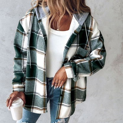 Women's Plaid Flannel Jacket with Hoodie | Long Sleeve, Warm Sherpa-Lined Shacket