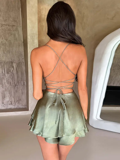 Belezza SATIN LACE UP MINI DRESS - MATCHA