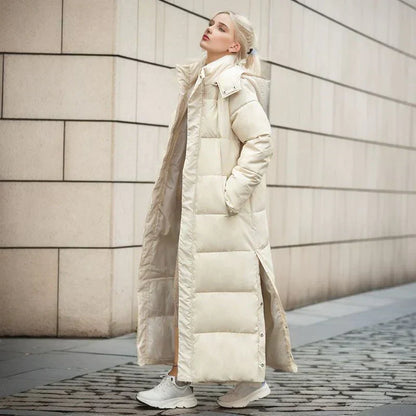 Women's Long Puffer Coat with Hood | Warm Winter Maxi Down Jacket