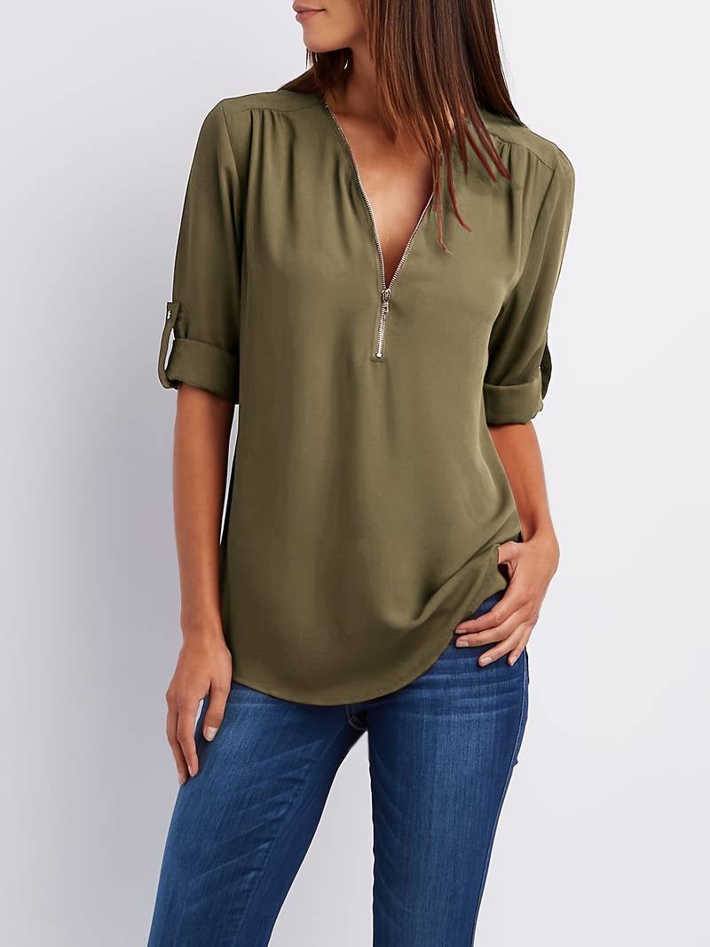 Belezza – casual, ruffled blouse with roll-up sleeves and half zip