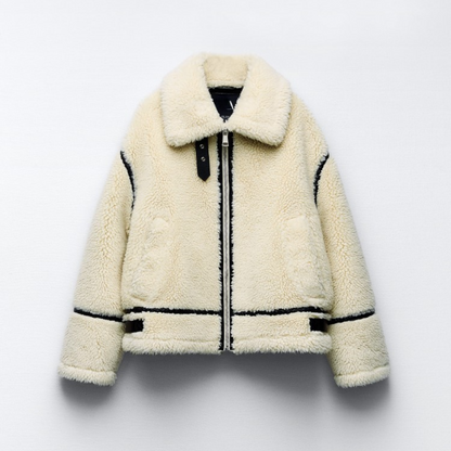 Women's Faux Shearling Zip Coat | Warm Winter Coat with Contrast Edge