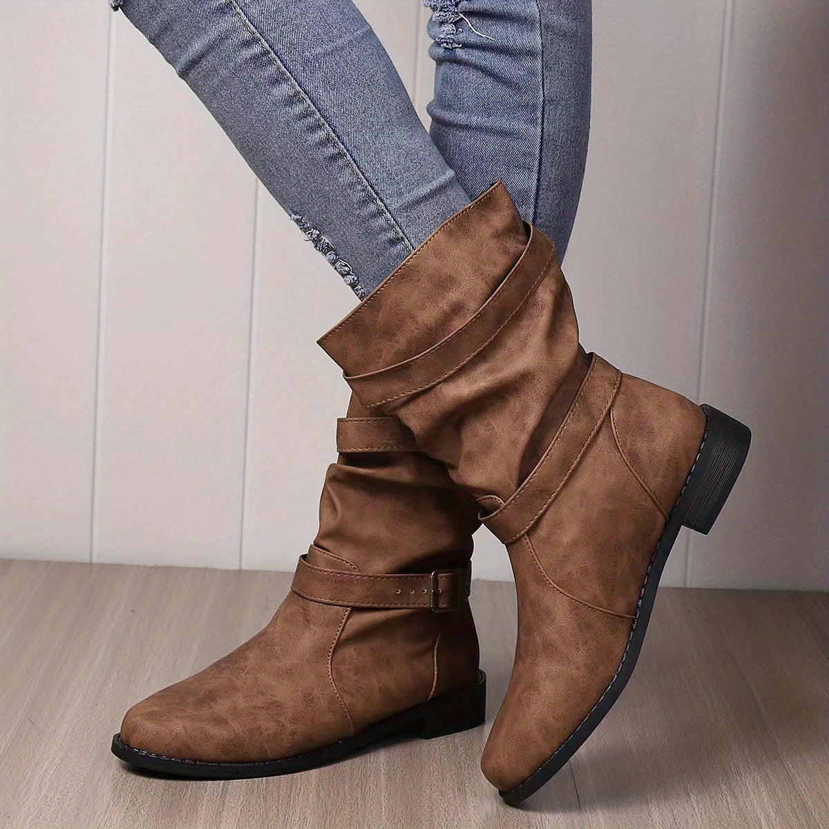 Belezza charm slouchy buckle strap western ankle boots