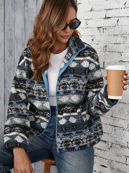 Women's Fleece Zip-Up Jacket with Aztec Pattern | Casual Warm Winter Outerwear