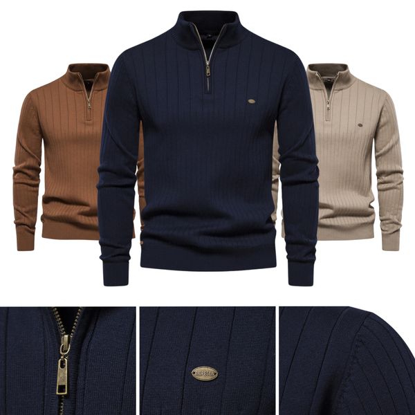 Men's Ribbed Half-Zip Sweater | Classic Warm Knit Pullover for Fall and Winter