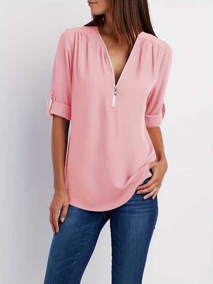 Belezza – casual, ruffled blouse with roll-up sleeves and half zip