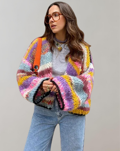 Women's Multicolour Chunky Knit Cardigan | Vibrant Warmth & Boho Style