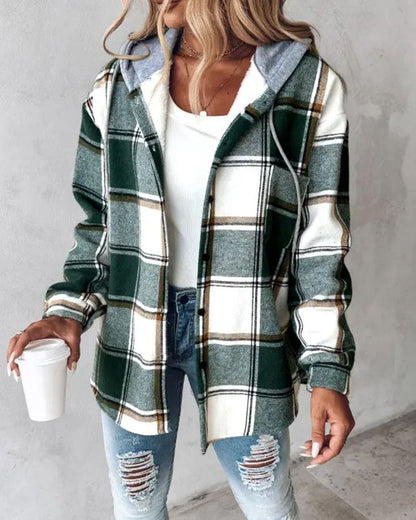 Women's Plaid Flannel Jacket with Hoodie | Long Sleeve, Warm Sherpa-Lined Shacket