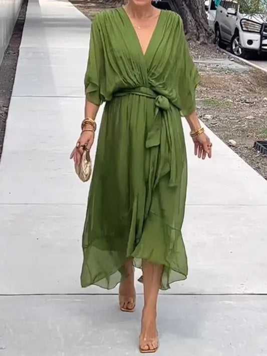 Belezza – green chiffon dress with v-neck