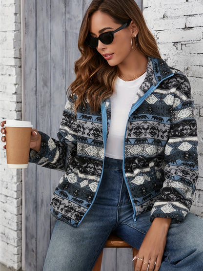 Women's Fleece Zip-Up Jacket with Aztec Pattern | Casual Warm Winter Outerwear