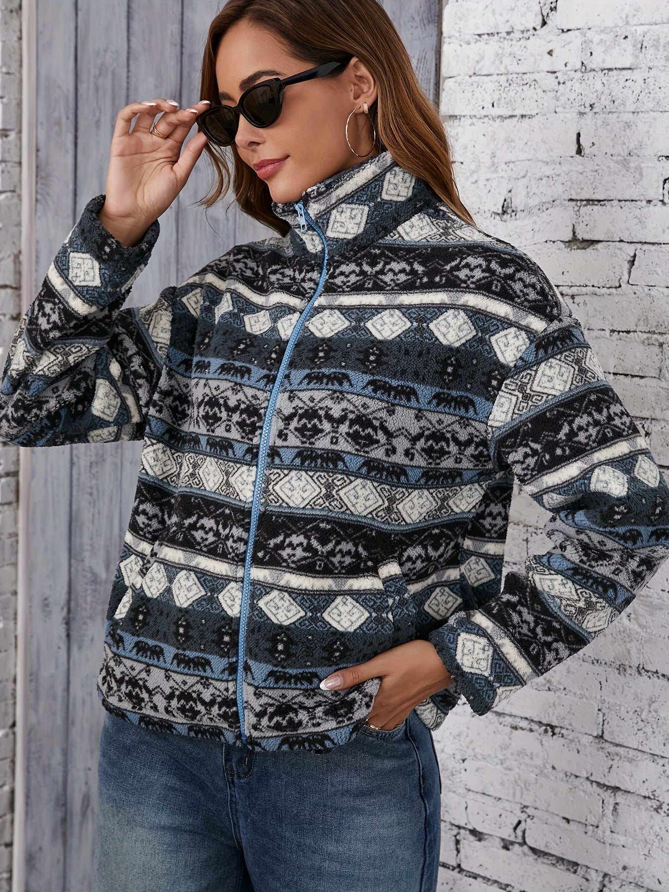 Women's Fleece Zip-Up Jacket with Aztec Pattern | Casual Warm Winter Outerwear