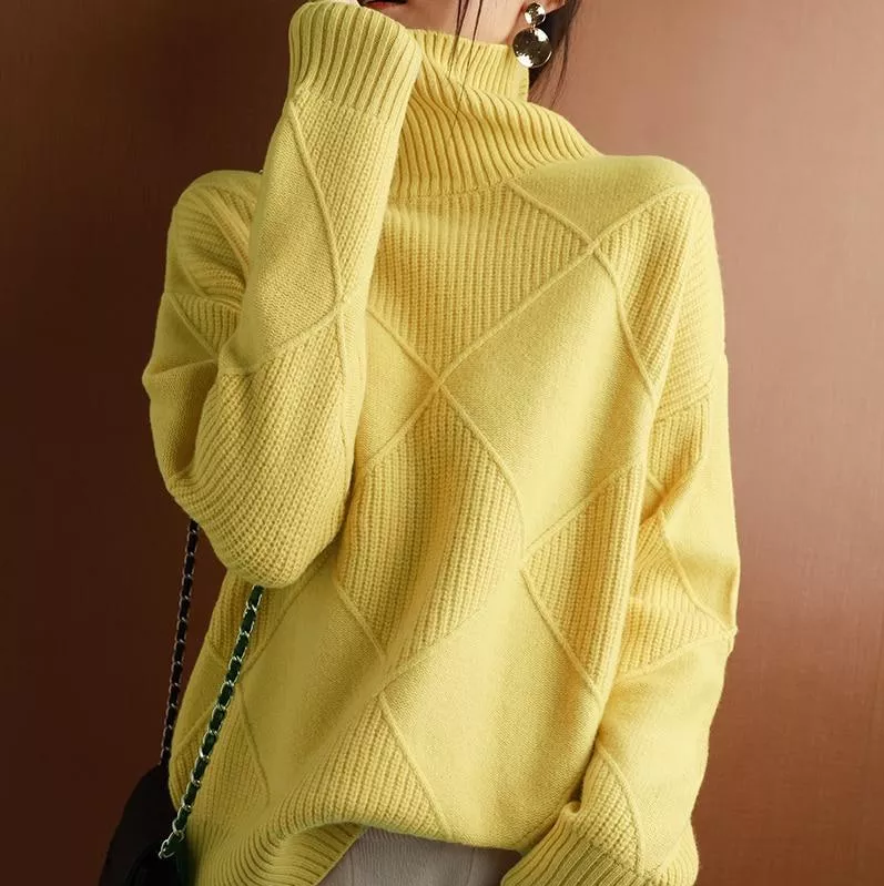 Women's Turtleneck Textured Knit Sweater | Soft, Geometric Pattern Pullover