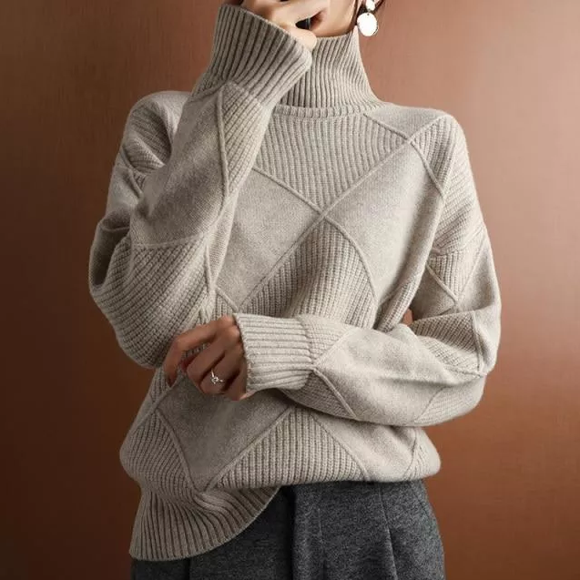 Women's Turtleneck Textured Knit Sweater | Soft, Geometric Pattern Pullover