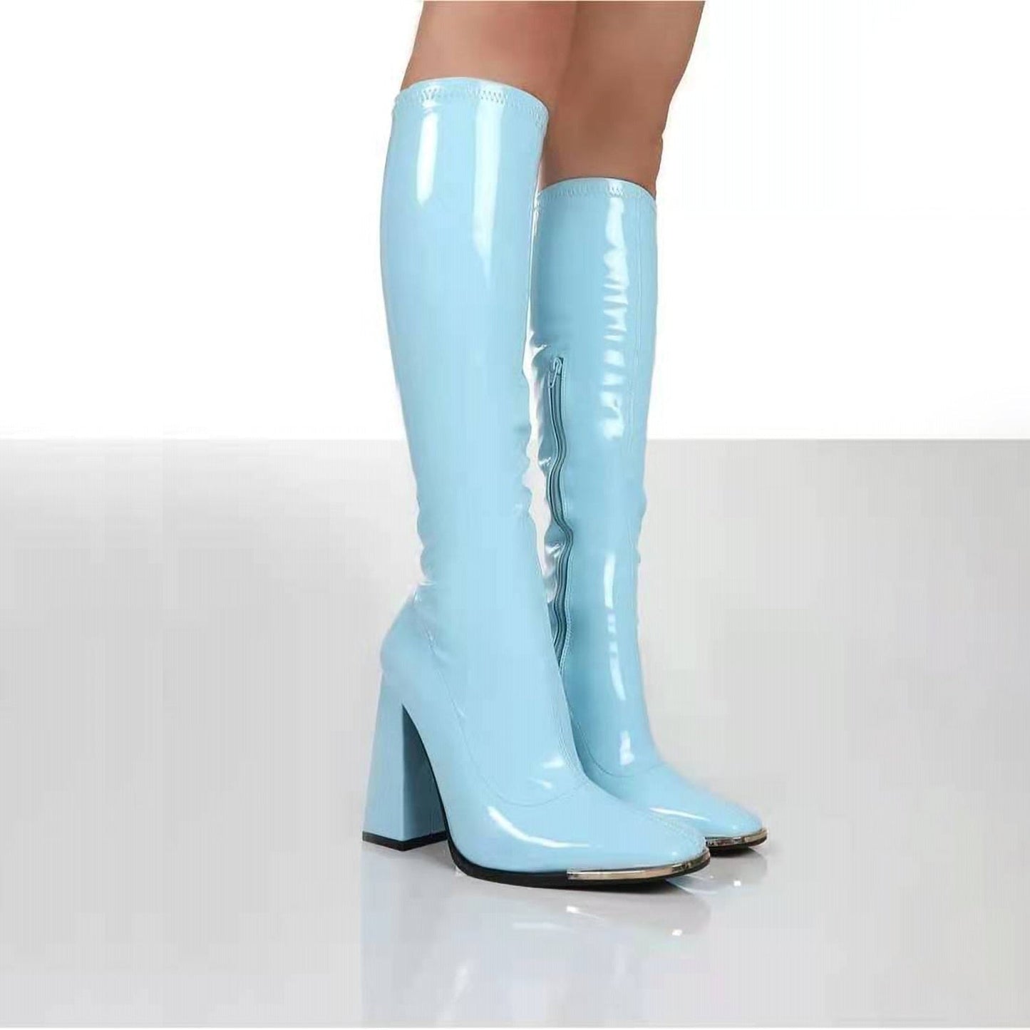 Long patent leather boots with heel for women | Amihan