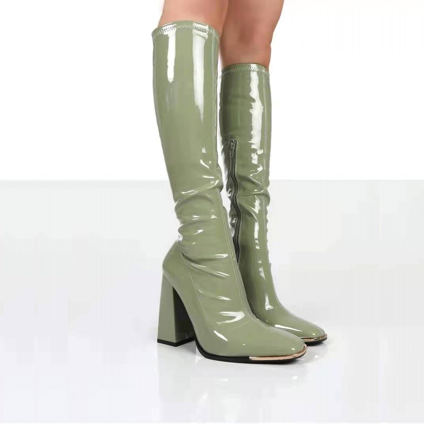 Long patent leather boots with heel for women | Amihan