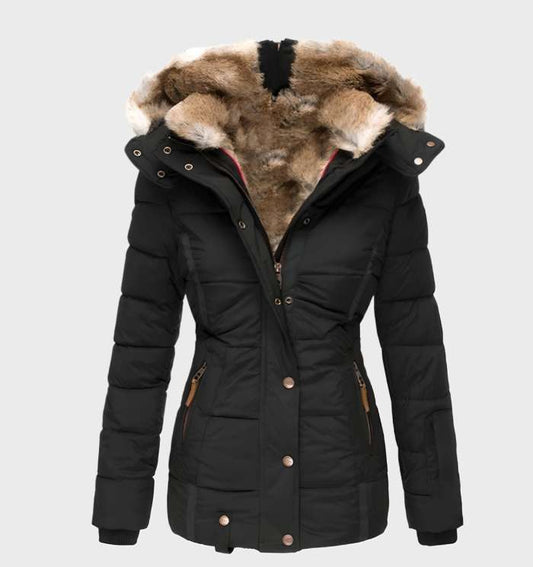 Belezza - Thick and Warm Slim Fit Winter Jacket with Hood, Faux Fur Lining, and Full Zip and Button Closure.