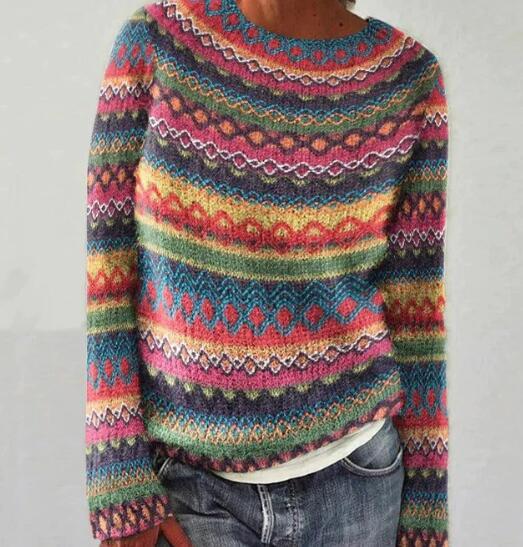 Knit Sweater - Women's Warm Striped Long Sleeve Winter Jumper