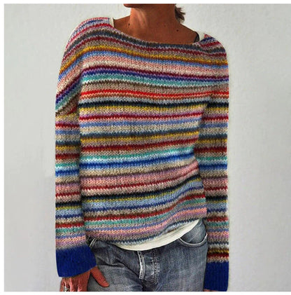 Knit Sweater - Women's Warm Striped Long Sleeve Winter Jumper