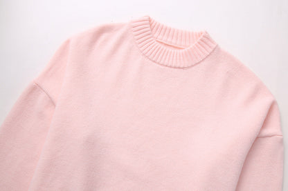 Knitted Sweater - Women's Pink Oversized Crew Neck Jumper