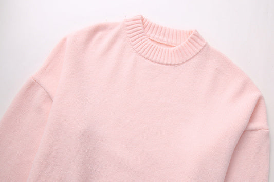 Knitted Sweater - Women's Pink Oversized Crew Neck Jumper