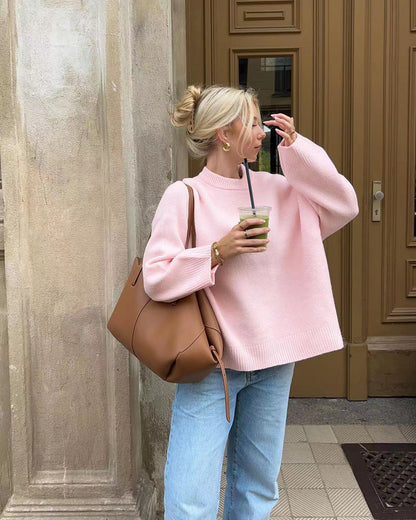 Knitted Sweater - Women's Pink Oversized Crew Neck Jumper