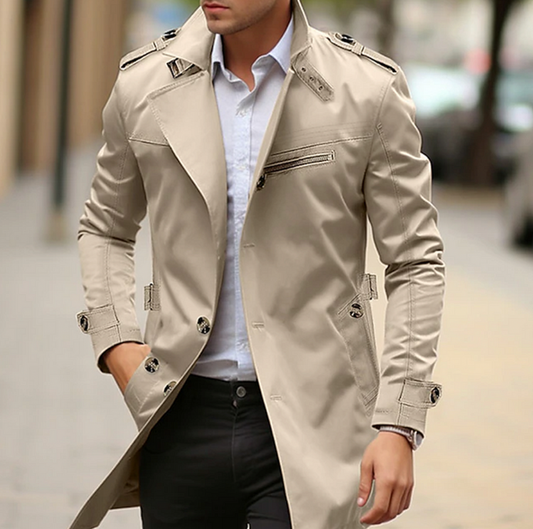 Men's Double-Breasted Trench Coat | Stylish Long Jacket with Epaulets and Belt