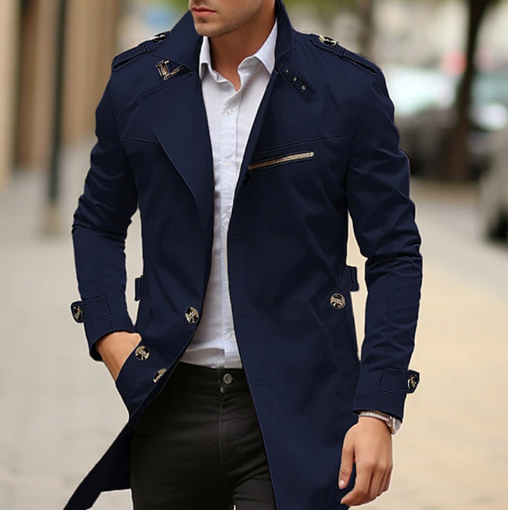 Men's Double-Breasted Trench Coat | Stylish Long Jacket with Epaulets and Belt