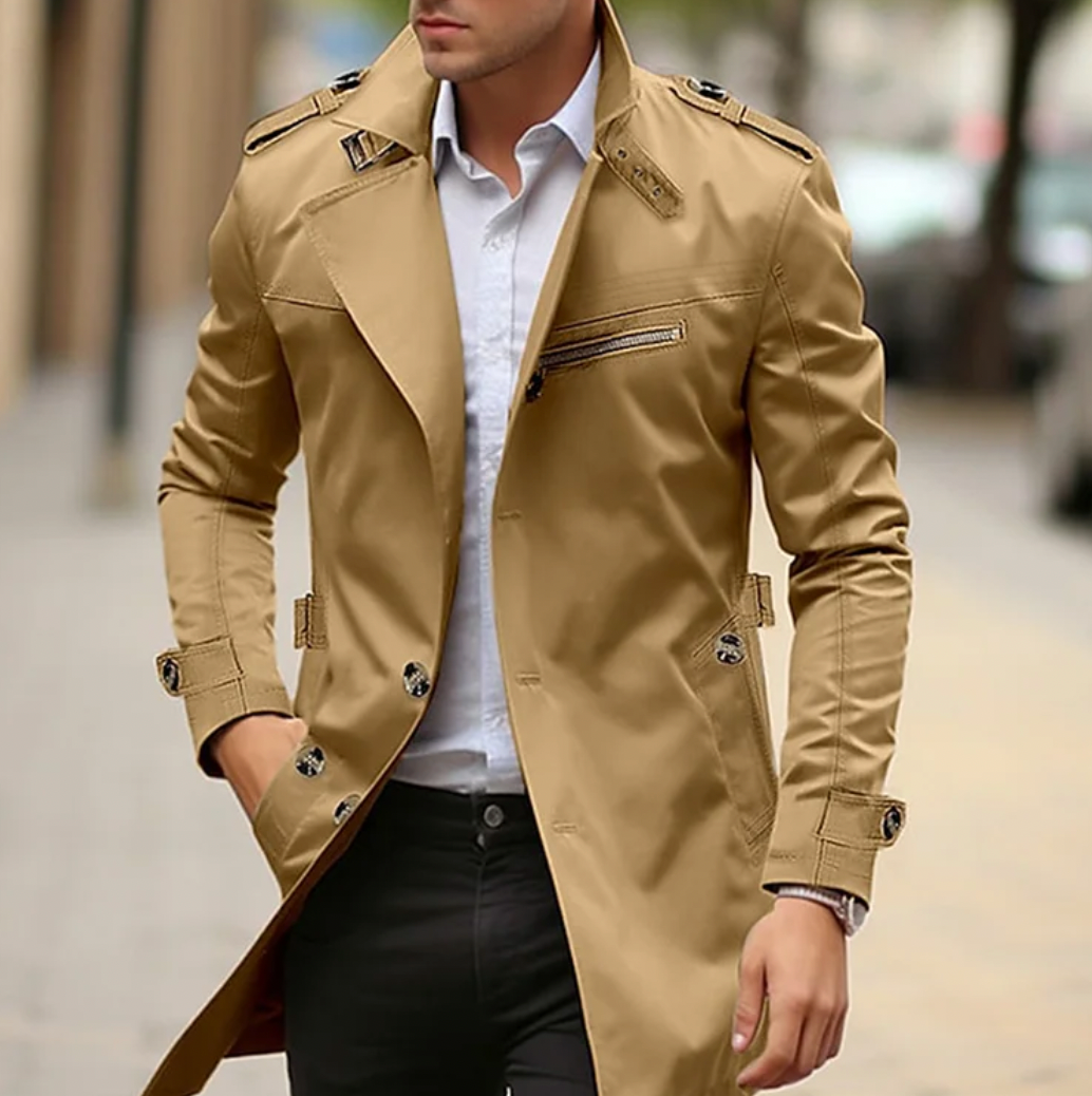 Men's Double-Breasted Trench Coat | Stylish Long Jacket with Epaulets and Belt