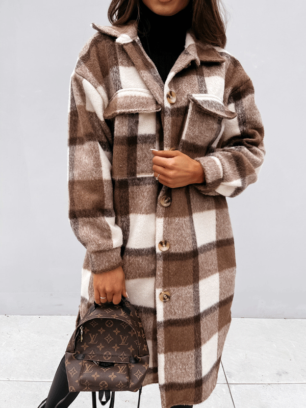 Long Sleeve Plaid Fuzzy Button Down Coat