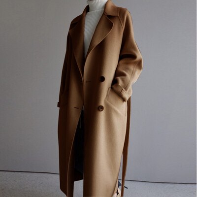 Ladies Double Buttoned Wool Trench Coat | Elegant Long Overcoat