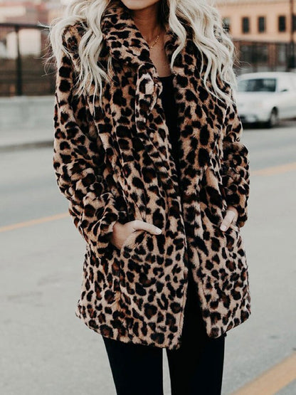 Ladies Faux Fur Jacket with Leopard Print | Stylish Long Sleeve Winter Coat