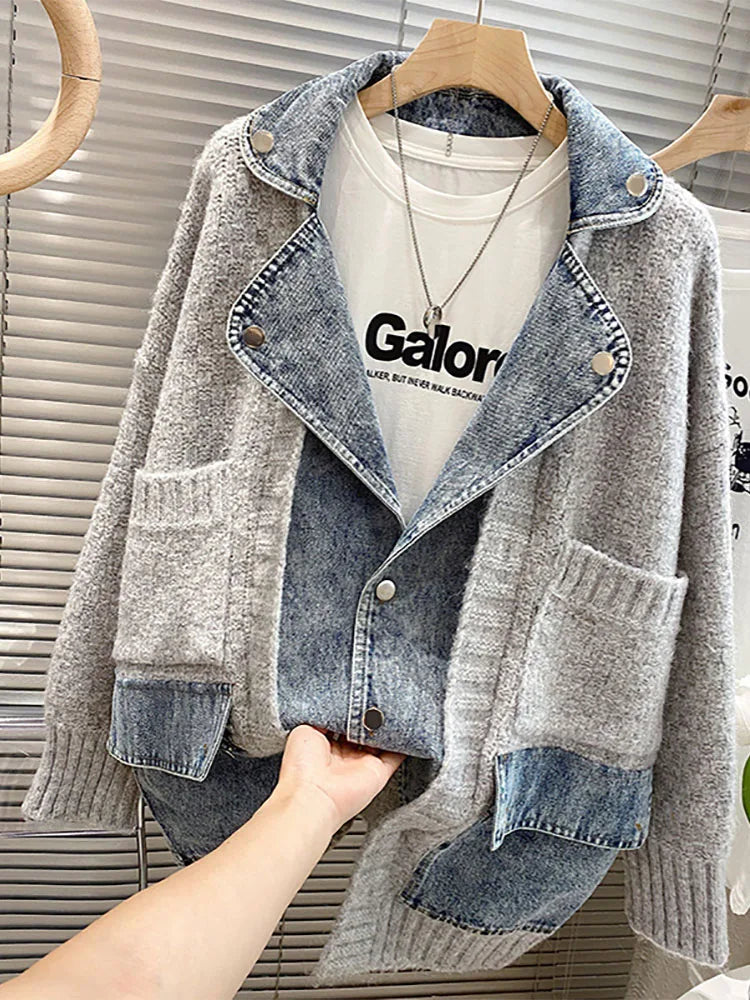 Belezza Thick Denim Patchwork Cardigan Coat - Cozy & Stylish Outerwear