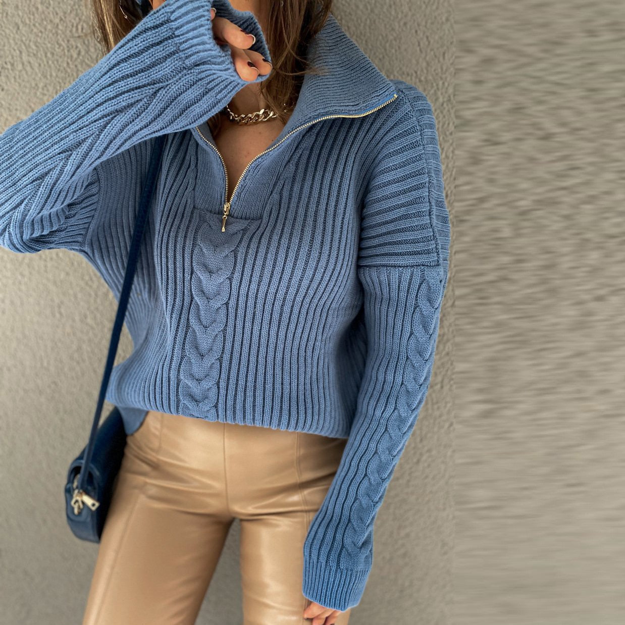 Belezza cable-knit jumper with V-neck, turtleneck and zip