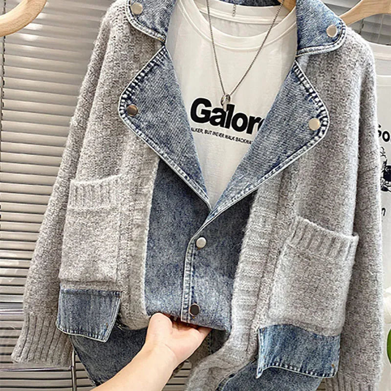 Belezza Thick Denim Patchwork Cardigan Coat - Cozy & Stylish Outerwear