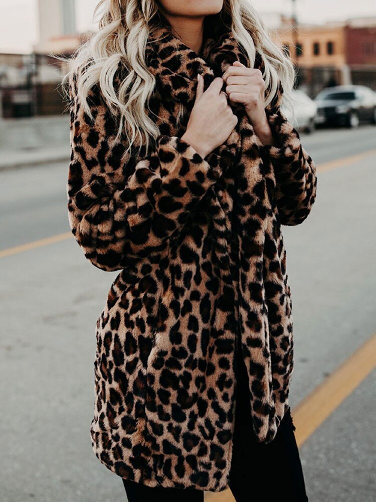 Ladies Faux Fur Jacket with Leopard Print | Stylish Long Sleeve Winter Coat