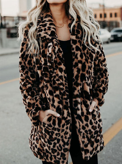 Ladies Faux Fur Jacket with Leopard Print | Stylish Long Sleeve Winter Coat