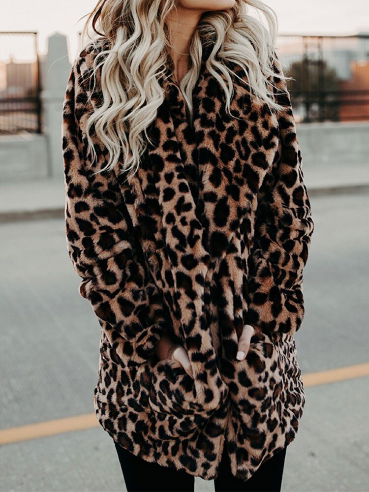 Ladies Faux Fur Jacket with Leopard Print | Stylish Long Sleeve Winter Coat