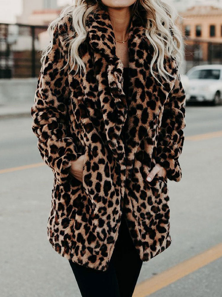 Ladies Faux Fur Jacket with Leopard Print | Stylish Long Sleeve Winter Coat