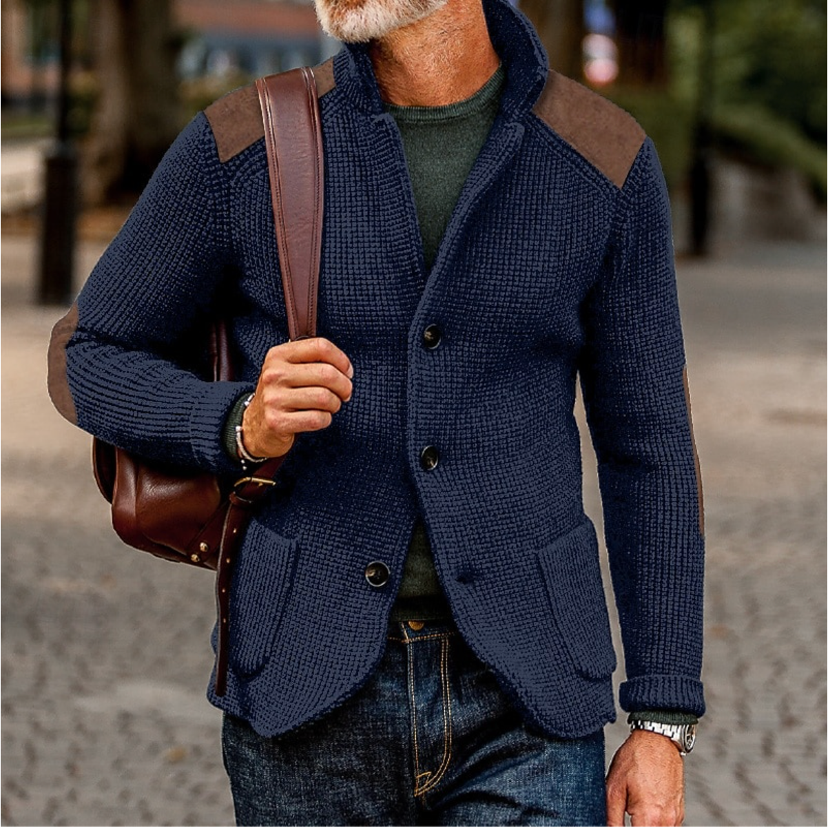 Men's Textured Knit Cardigan with Suede Shoulder Patches | Button-Down, Casual Jacket Style