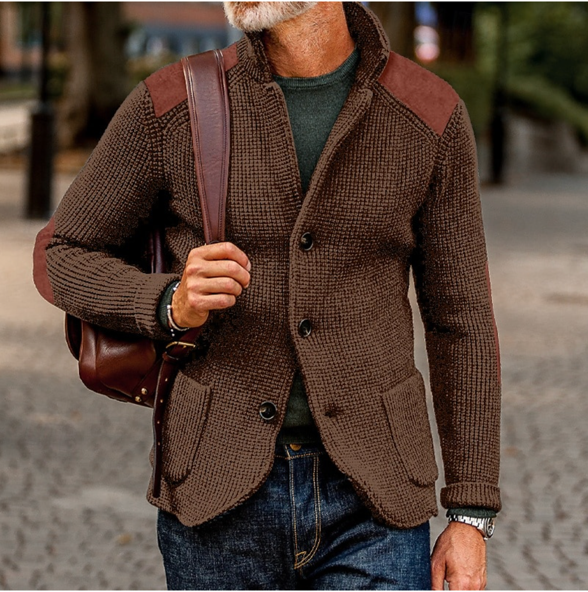 Men's Textured Knit Cardigan with Suede Shoulder Patches | Button-Down, Casual Jacket Style