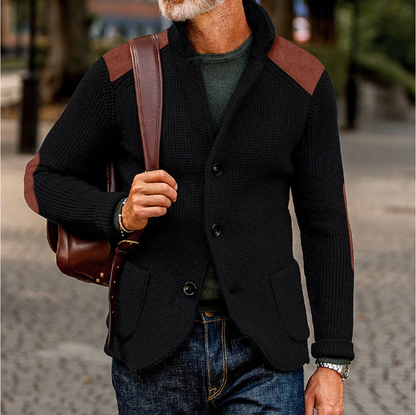 Men's Textured Knit Cardigan with Suede Shoulder Patches | Button-Down, Casual Jacket Style