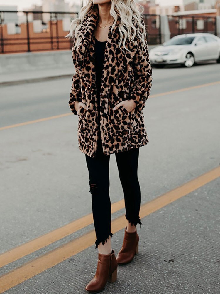 Ladies Faux Fur Jacket with Leopard Print | Stylish Long Sleeve Winter Coat