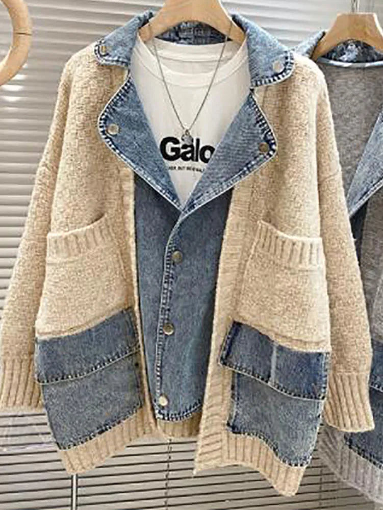 Belezza Thick Denim Patchwork Cardigan Coat - Cozy & Stylish Outerwear