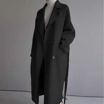 Ladies Double Buttoned Wool Trench Coat | Elegant Long Overcoat