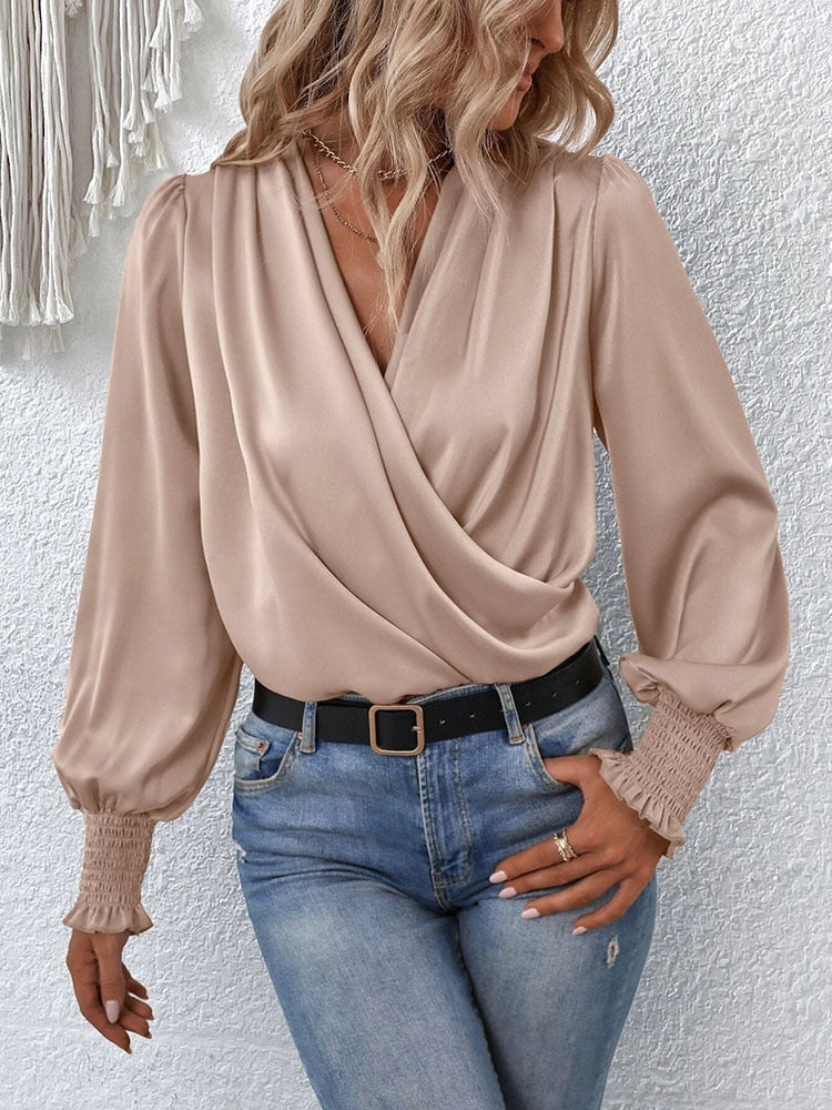 Belezza-Neck Elegant Blouse With Balloon Sleeves