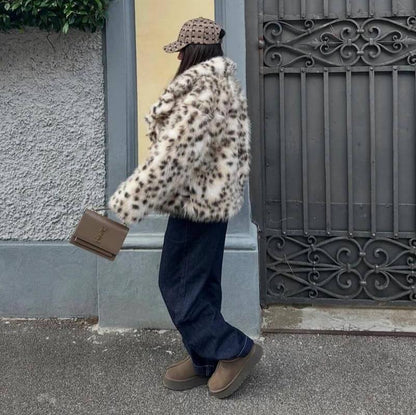 Women's Faux Fur Leopard Coat | Stylish Animal Print Winter Jacket for Casual and Party Wear