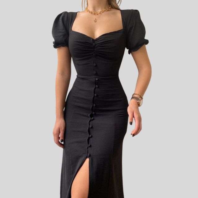 Belezza - Midi dress with puff sleeves, button placket and slit at the hem