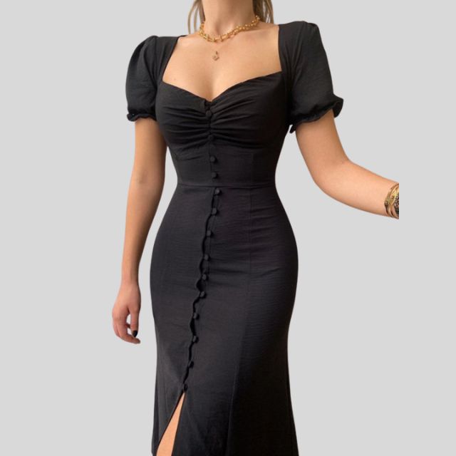 Belezza - Midi dress with puff sleeves, button placket and slit at the hem